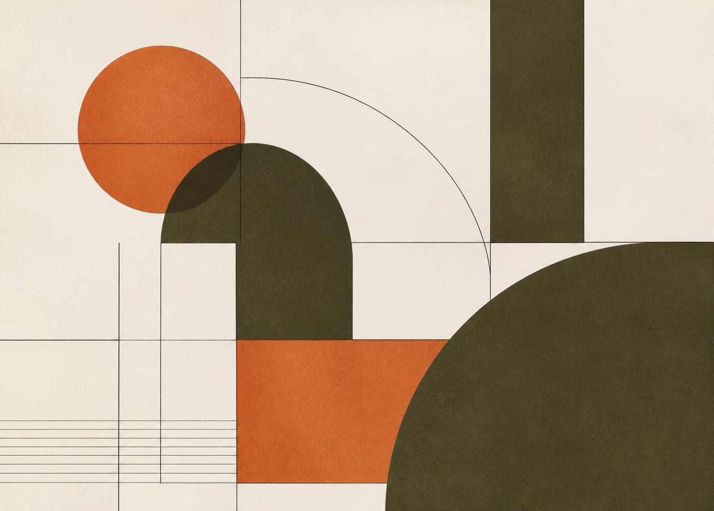 Abstract geometric composition in burnt orange and deep olive on warm ivory